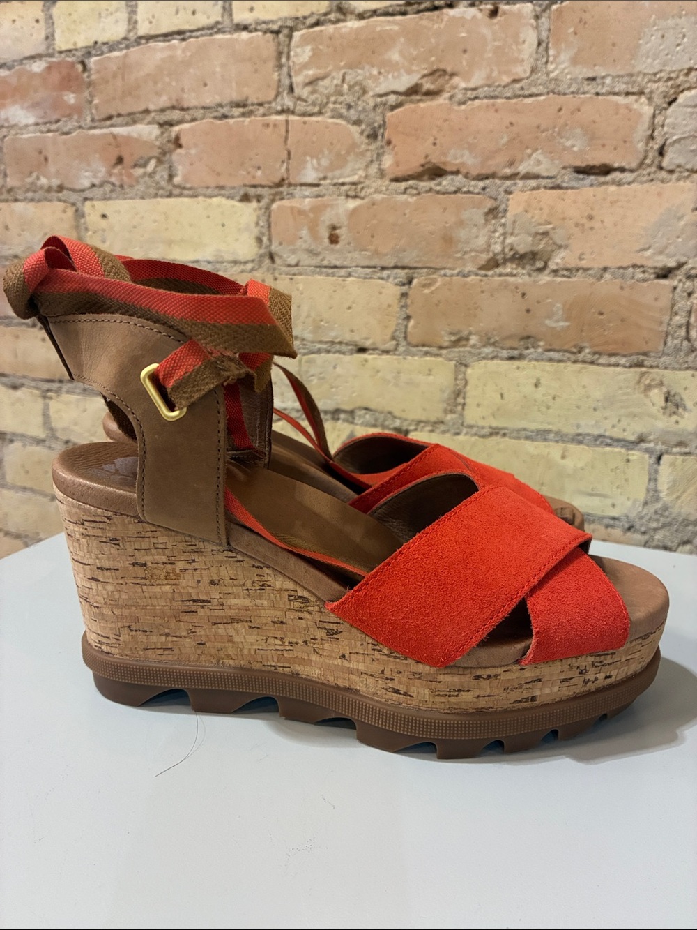 Sorel Joanie II High Ankle Orange Wedge Sandals with Ankle Tie - Picture 2 of 9